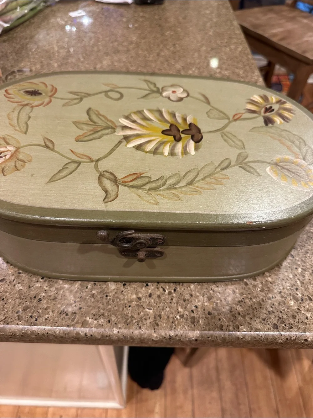 Hand-Painted Floral Oval Box- Sage Green